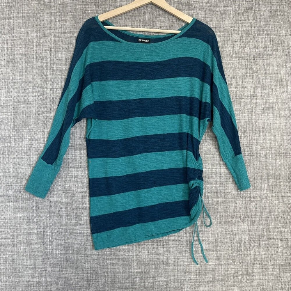 Express Shirt Womens Medium Y2K Ruched Striped Green Blue Burnout *